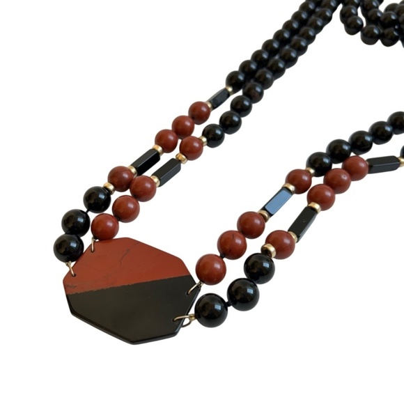 Vintage Beaded Necklace Double Strand w/ Plaque Marble or Glass - Picture 5 of 7